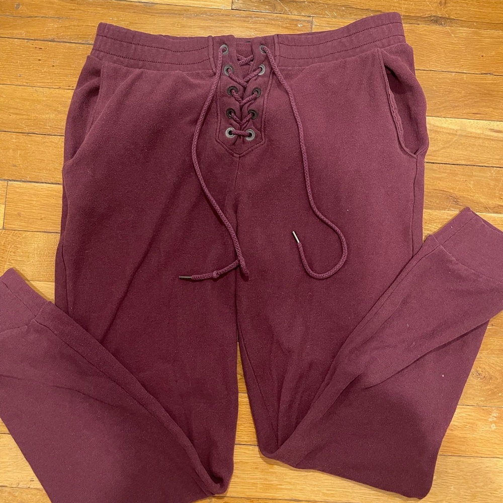 American Eagle Outfitters Women’s Sweatpants Burgundy Joggers with Criss Cross